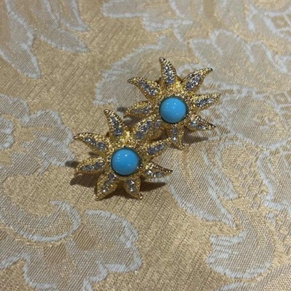 R.J. GRAZIANO Gold Rhinestone Sunburst Blue Stone EARRINGS - Picture 6 of 9